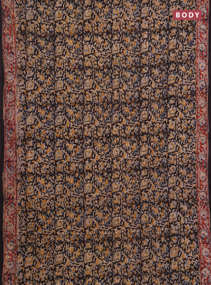 Kalamkari cotton saree black and maroon with allover block prints and printed border