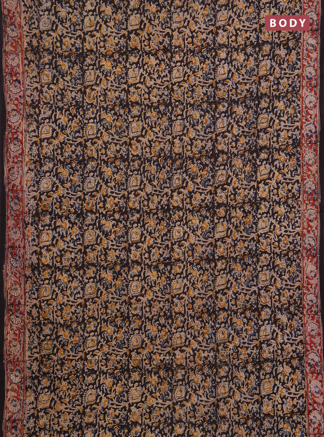 Kalamkari cotton saree black and maroon with allover block prints and printed border