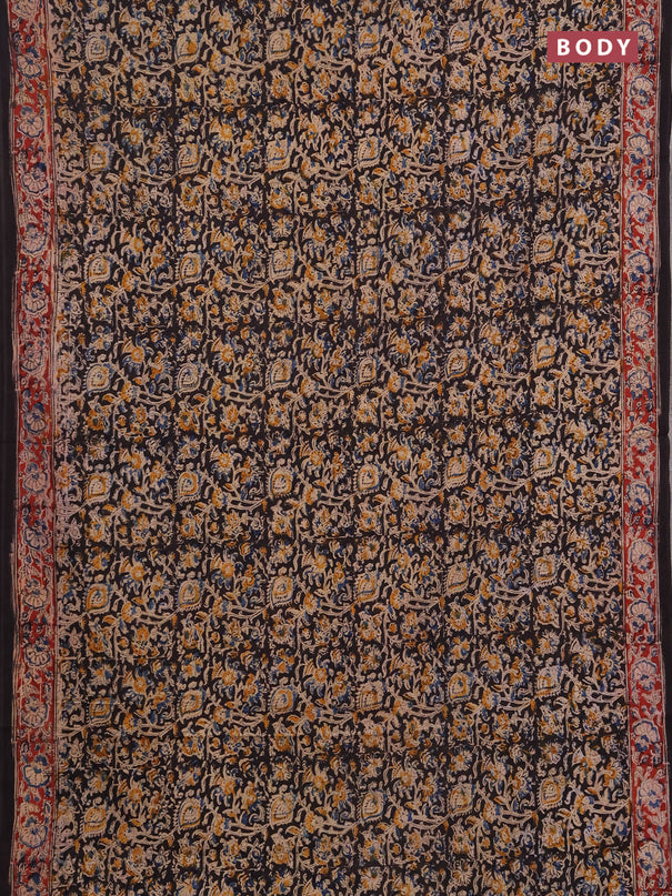 Kalamkari cotton saree black and maroon with allover block prints and printed border