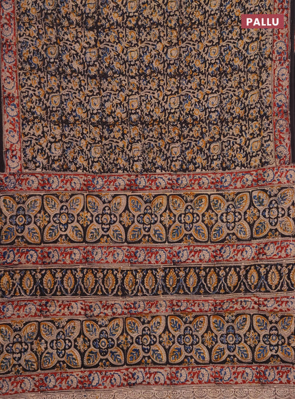 Kalamkari cotton saree black and maroon with allover block prints and printed border