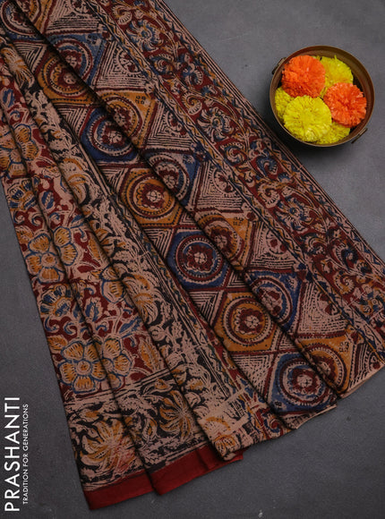 Kalamkari cotton saree maroon and black with allover block prints and printed border