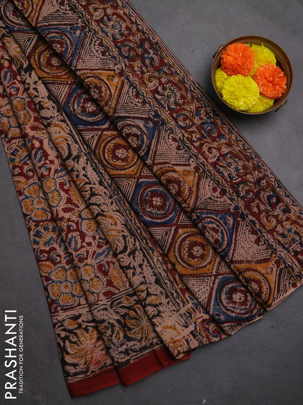 Kalamkari cotton saree maroon and black with allover block prints and printed border