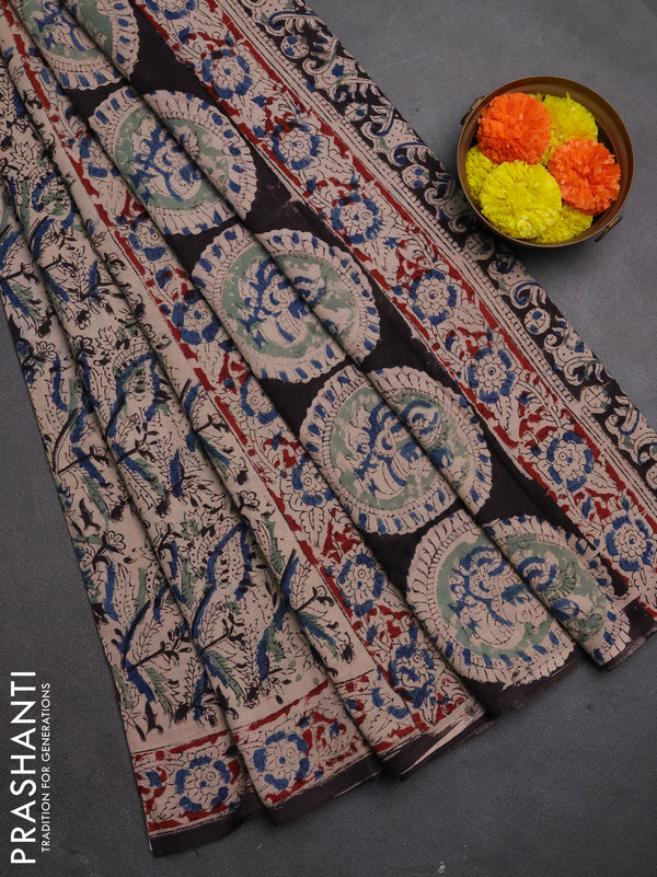 Kalamkari cotton saree beige and maroon with allover block prints and printed border