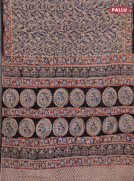 Kalamkari cotton saree beige and maroon with allover block prints and printed border