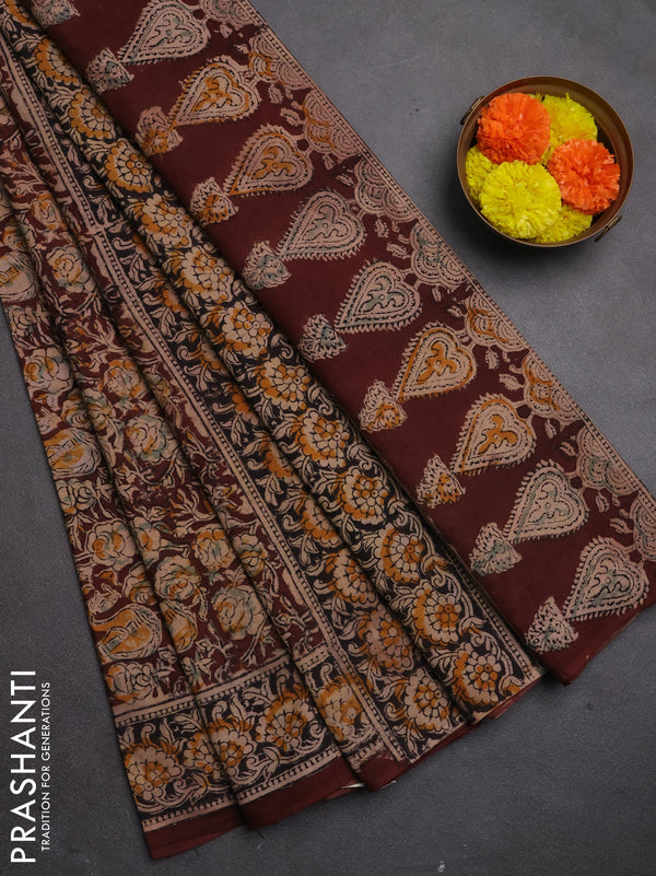 Kalamkari cotton saree coffee brown and black with allover block prints and printed border
