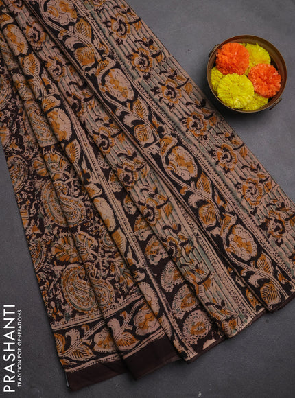 Kalamkari cotton saree coffee brown and black with allover block prints and printed border