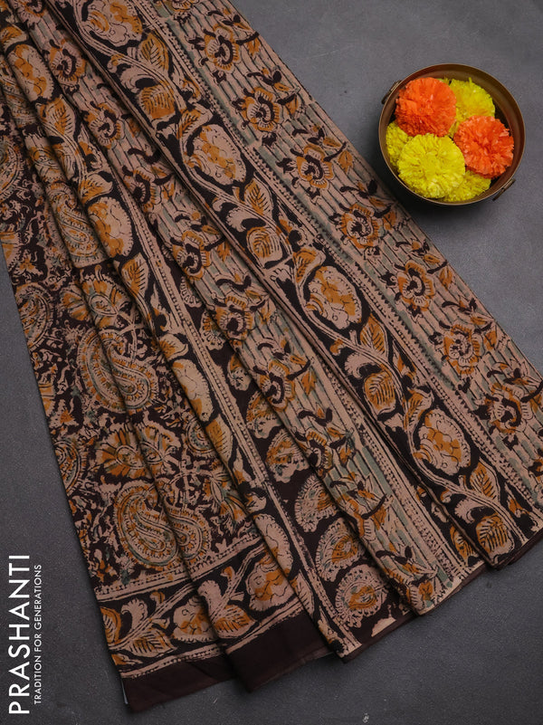 Kalamkari cotton saree coffee brown and black with allover block prints and printed border