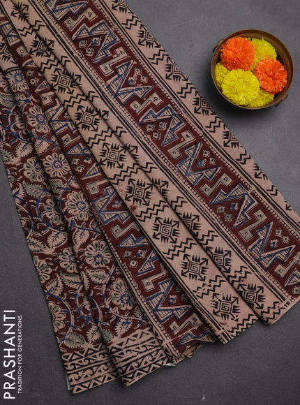 Kalamkari cotton saree coffee brown and black with half & half style and printed border