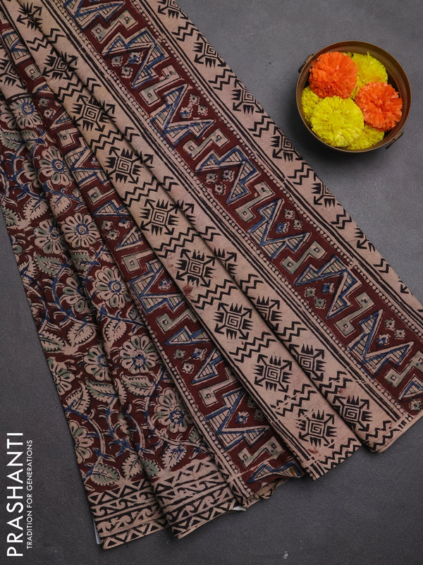 Kalamkari cotton saree coffee brown and black with half & half style and printed border