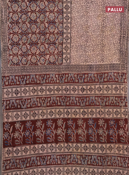 Kalamkari cotton saree coffee brown and black with half & half style and printed border