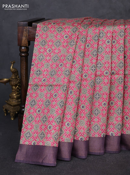 Munga tussar silk saree pink and jamun shade with allover ajarkh prints and zari woven border