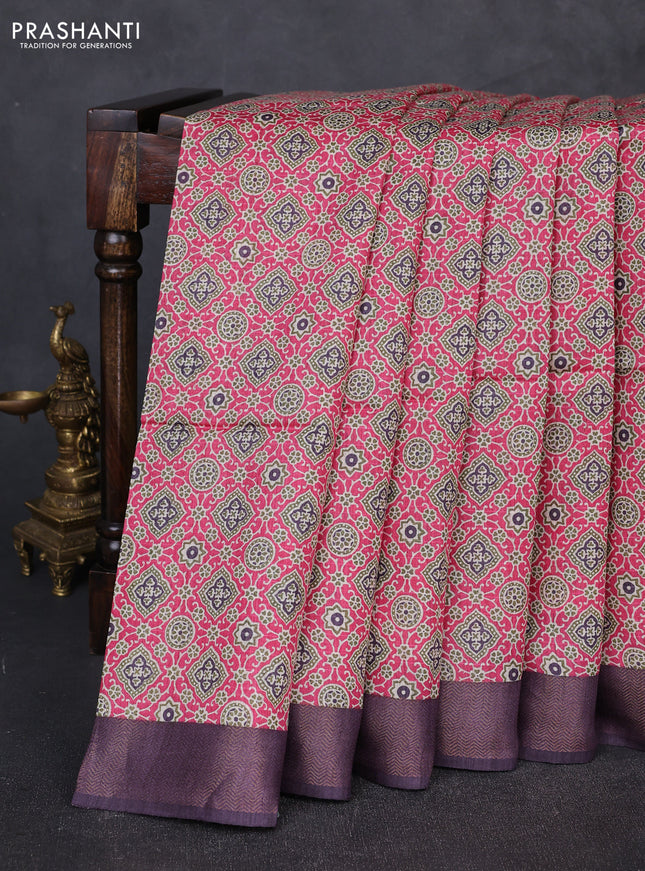 Munga tussar silk saree pink and jamun shade with allover ajarkh prints and zari woven border