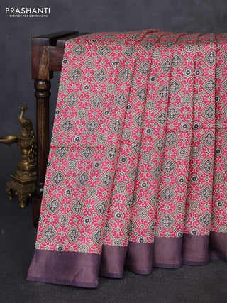 Munga tussar silk saree pink and jamun shade with allover ajarkh prints and zari woven border