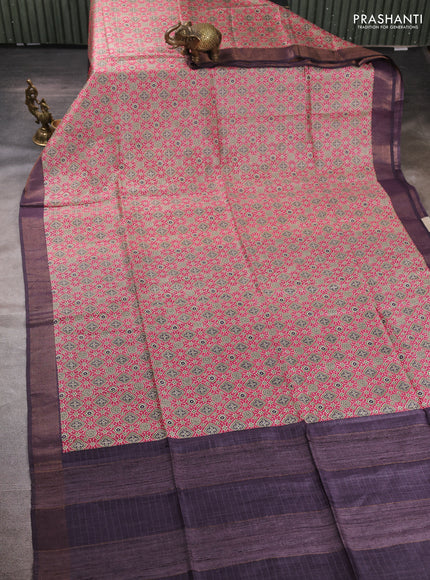 Munga tussar silk saree pink and jamun shade with allover ajarkh prints and zari woven border
