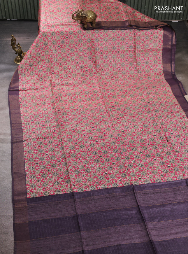 Munga tussar silk saree pink and jamun shade with allover ajarkh prints and zari woven border