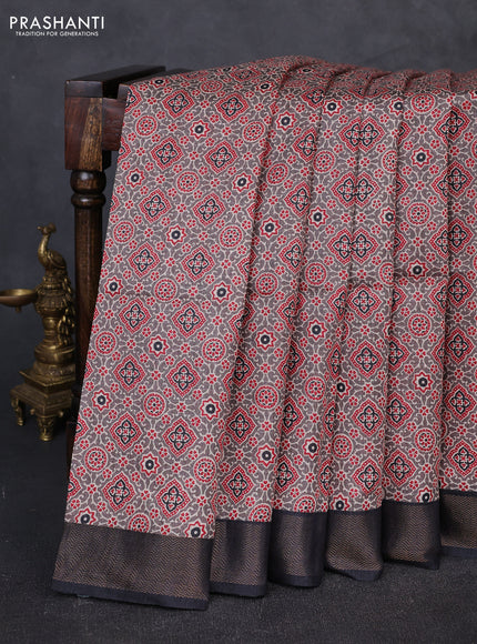 Munga tussar silk saree grey and black with allover ajarkh prints and zari woven border