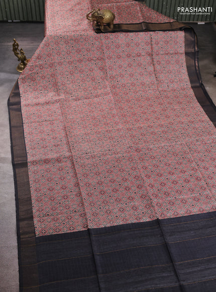 Munga tussar silk saree grey and black with allover ajarkh prints and zari woven border