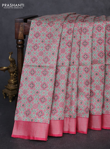 Munga tussar silk saree pastel green and pink with allover ajarkh prints and zari woven border
