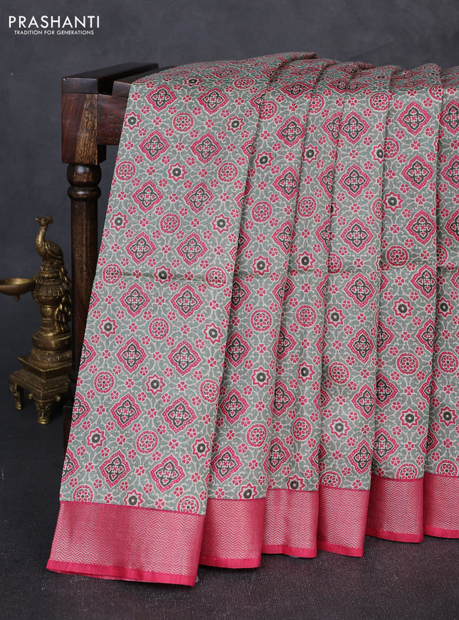 Munga tussar silk saree pastel green and pink with allover ajarkh prints and zari woven border