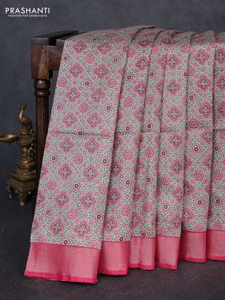 Munga tussar silk saree pastel green and pink with allover ajarkh prints and zari woven border