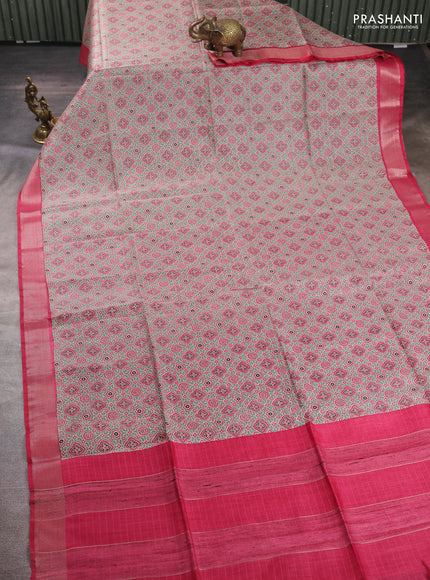 Munga tussar silk saree pastel green and pink with allover ajarkh prints and zari woven border