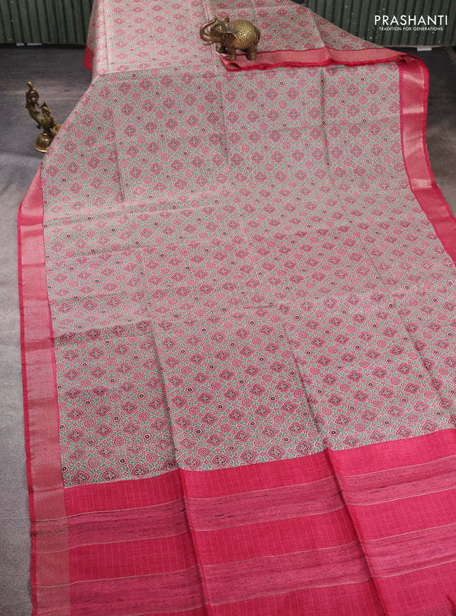 Munga tussar silk saree pastel green and pink with allover ajarkh prints and zari woven border