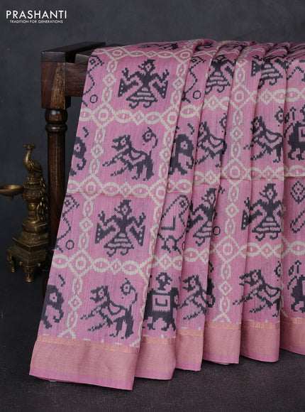 Munga tussar silk saree pink with allover patola prints and zari woven border