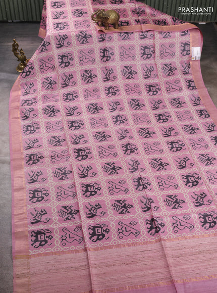 Munga tussar silk saree pink with allover patola prints and zari woven border