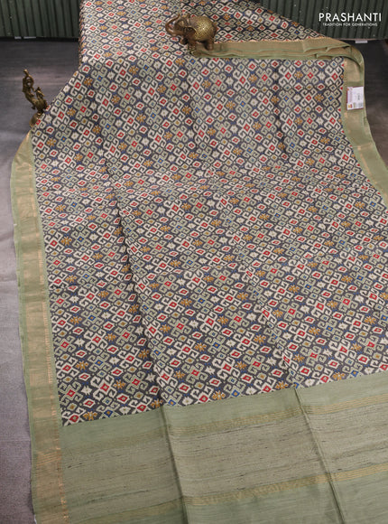 Munga tussar silk saree grey and pastel green with allover ikat prints and zari woven border