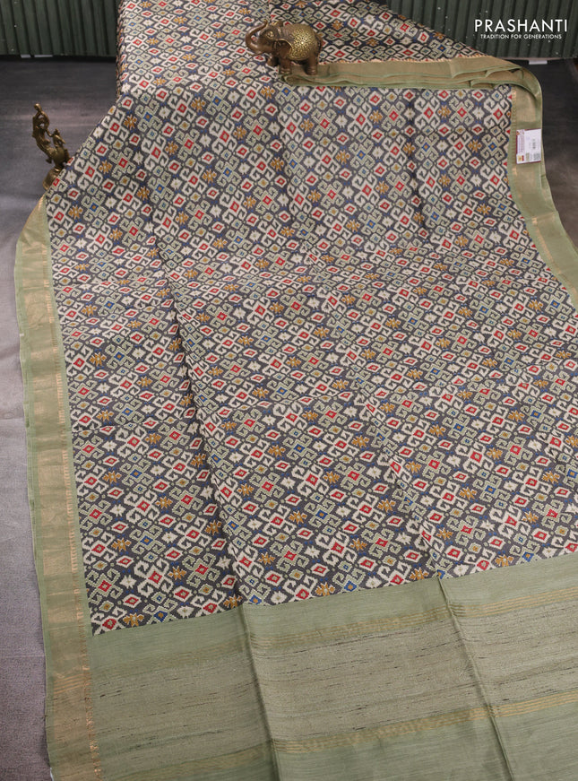 Munga tussar silk saree grey and pastel green with allover ikat prints and zari woven border