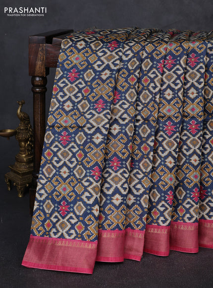 Munga tussar silk saree peacock blue and pink with allover ikat prints and zari woven border