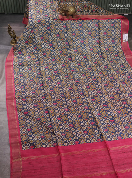Munga tussar silk saree peacock blue and pink with allover ikat prints and zari woven border