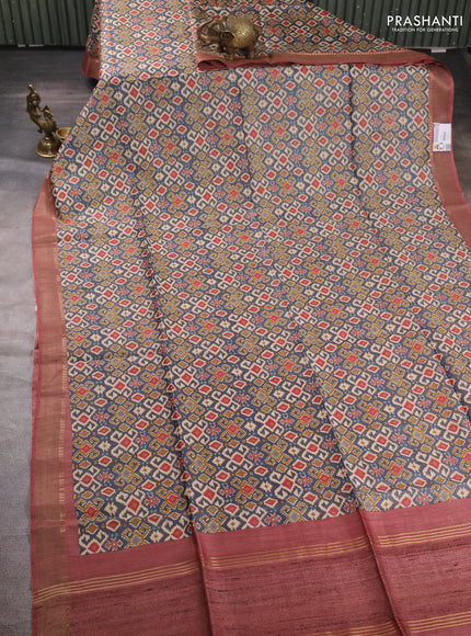 Munga tussar silk saree blue and pastel maroon with allover ikat prints and zari woven border