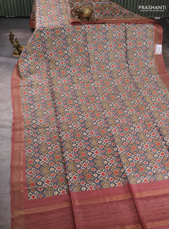 Munga tussar silk saree blue and pastel maroon with allover ikat prints and zari woven border