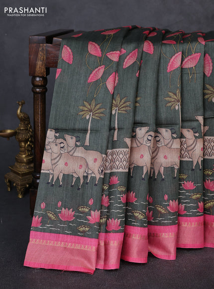 Munga tussar silk saree deep sap green and pink with allover pichwai prints and zari woven border