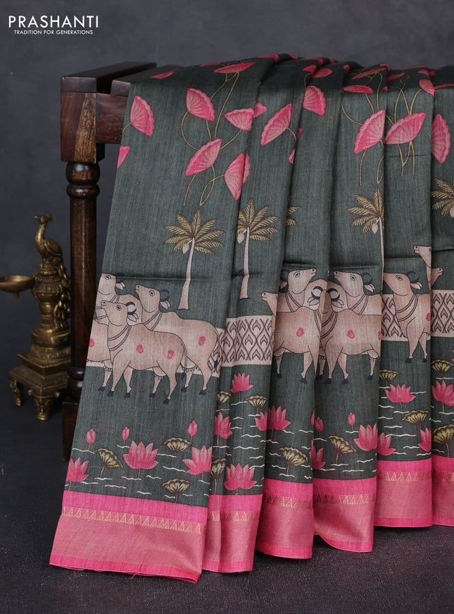 Munga tussar silk saree deep sap green and pink with allover pichwai prints and zari woven border