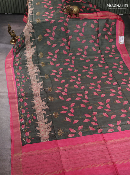 Munga tussar silk saree deep sap green and pink with allover pichwai prints and zari woven border