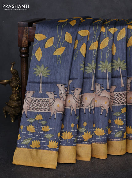Munga tussar silk saree grey and mustard yellow with allover pichwai prints and zari woven border