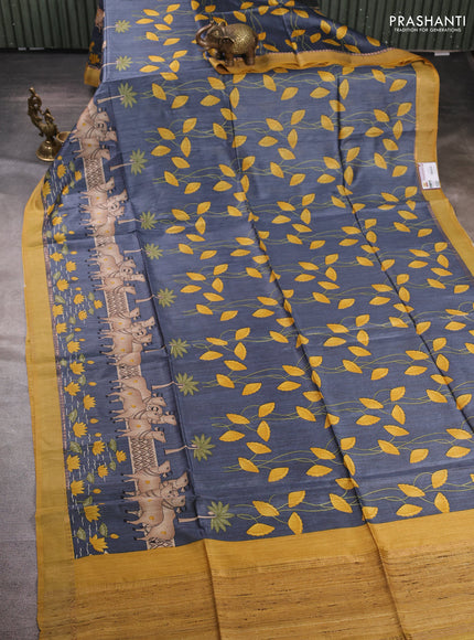 Munga tussar silk saree grey and mustard yellow with allover pichwai prints and zari woven border