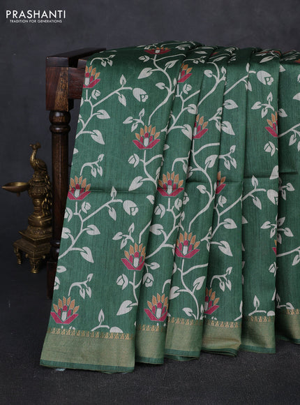 Munga tussar silk saree green with allove prints and zari woven border