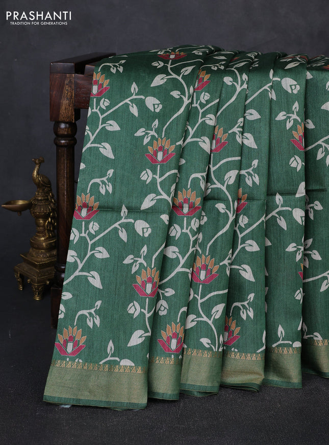 Munga tussar silk saree green with allove prints and zari woven border