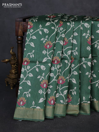 Munga tussar silk saree green with allove prints and zari woven border
