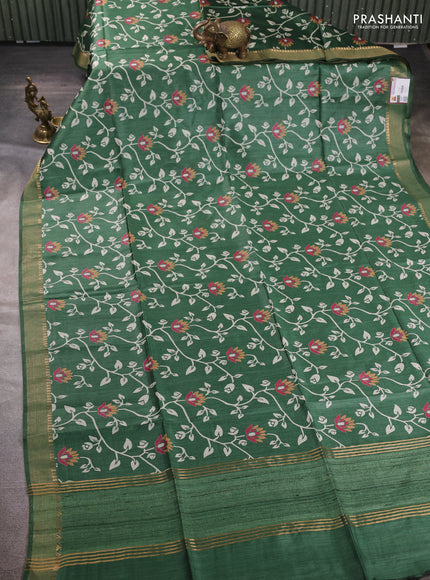 Munga tussar silk saree green with allove prints and zari woven border