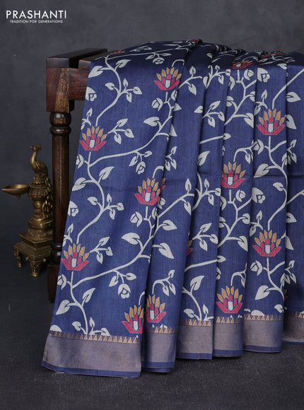 Munga tussar silk saree blue with allove prints and zari woven border