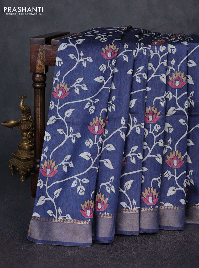 Munga tussar silk saree blue with allove prints and zari woven border