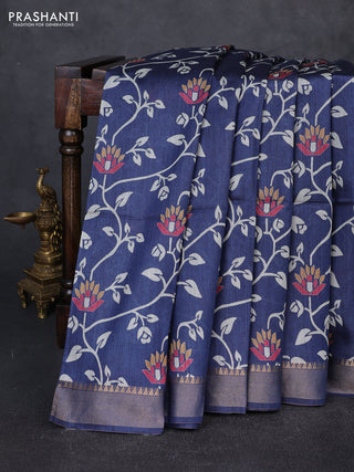 Munga tussar silk saree blue with allove prints and zari woven border