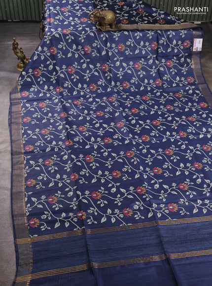 Munga tussar silk saree blue with allove prints and zari woven border