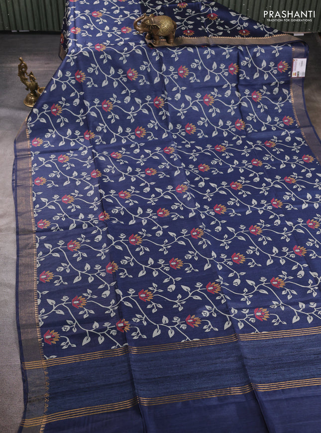 Munga tussar silk saree blue with allove prints and zari woven border