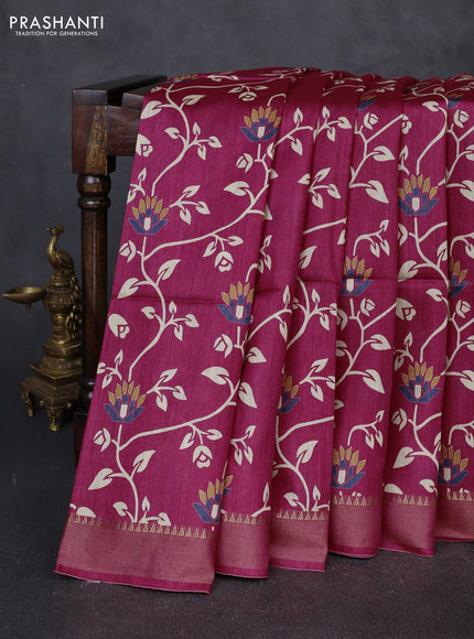 Munga tussar silk saree pink with allove prints and zari woven border