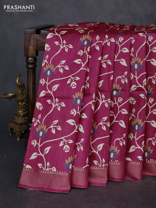 Munga tussar silk saree pink with allove prints and zari woven border